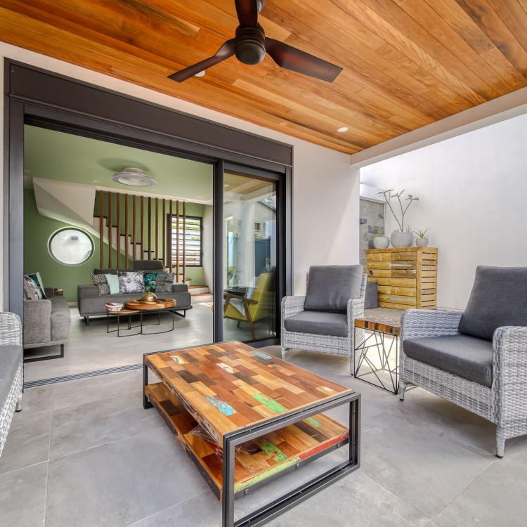 Friendly outdoor living room with air blower and room fragrance.